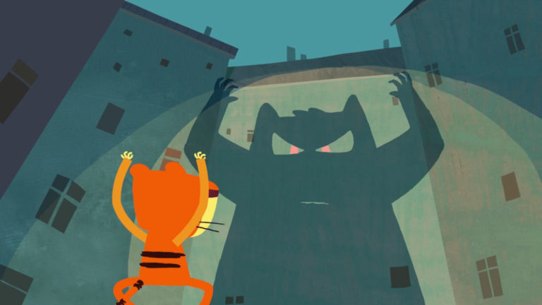 In the animated image, a child in a tiger costume can be seen from behind. He has stretched his arms upwards and is admiring his frightening shadow on the wall of the house.